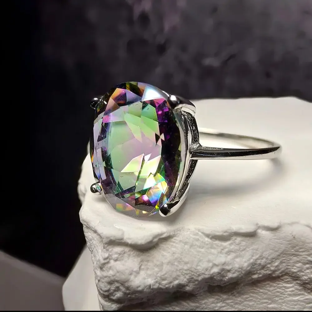 Genuine Oval Mystic Topaz Solitaire Ring in 925 Sterling Silver – Size 8